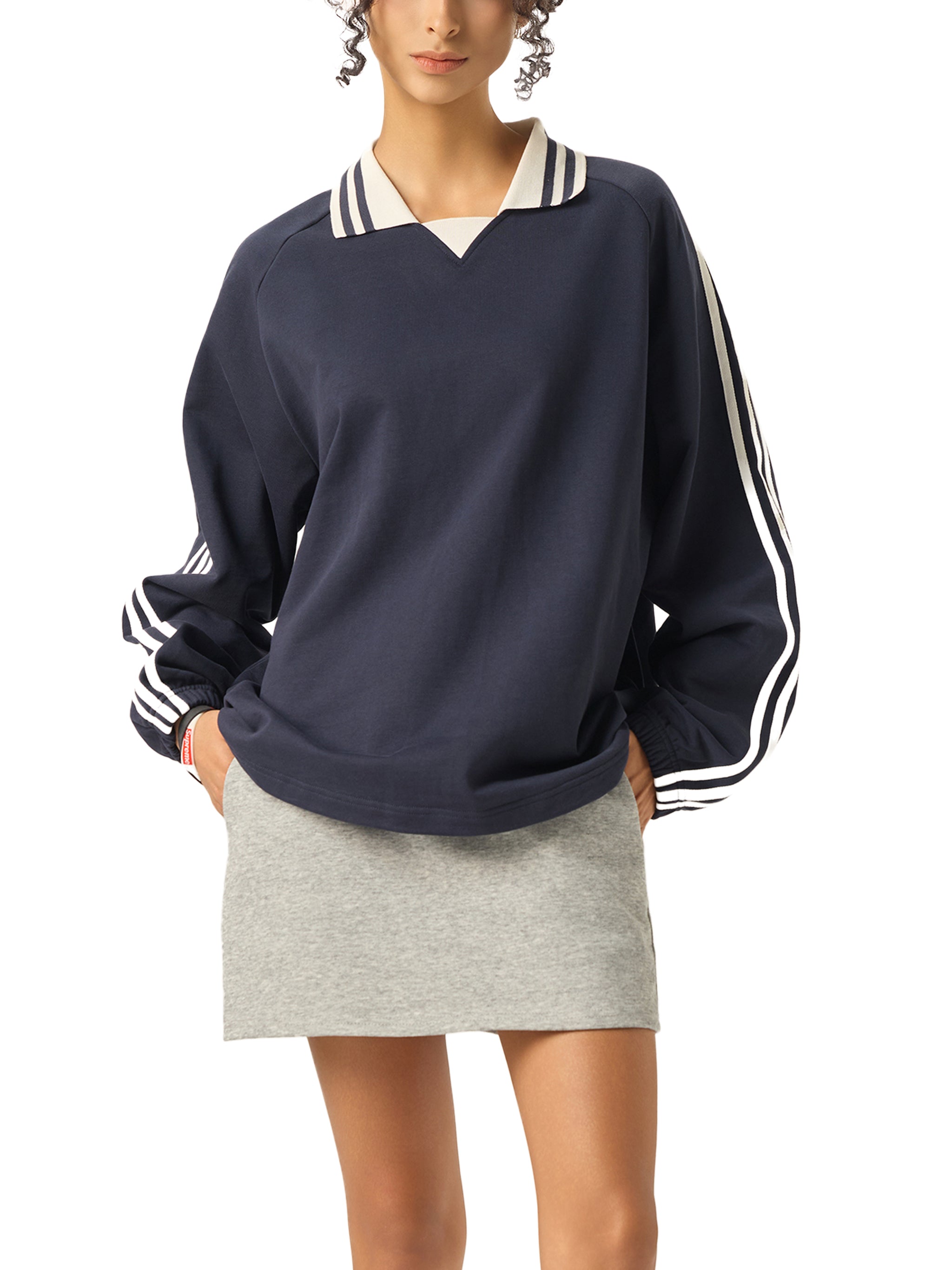 Contrast Striped Lapel Collar Crewneck