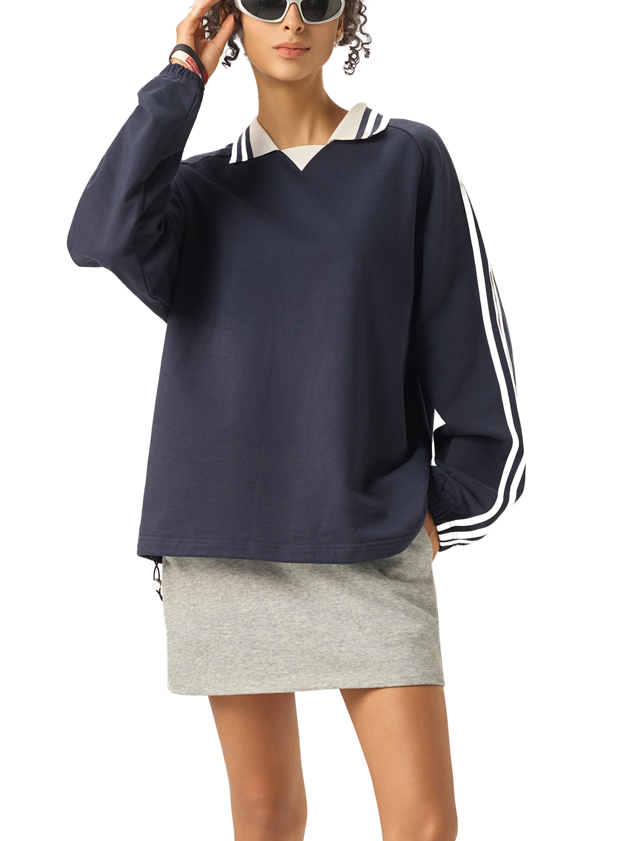 Contrast Striped Lapel Collar Crewneck