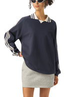 Contrast Striped Lapel Collar Crewneck
