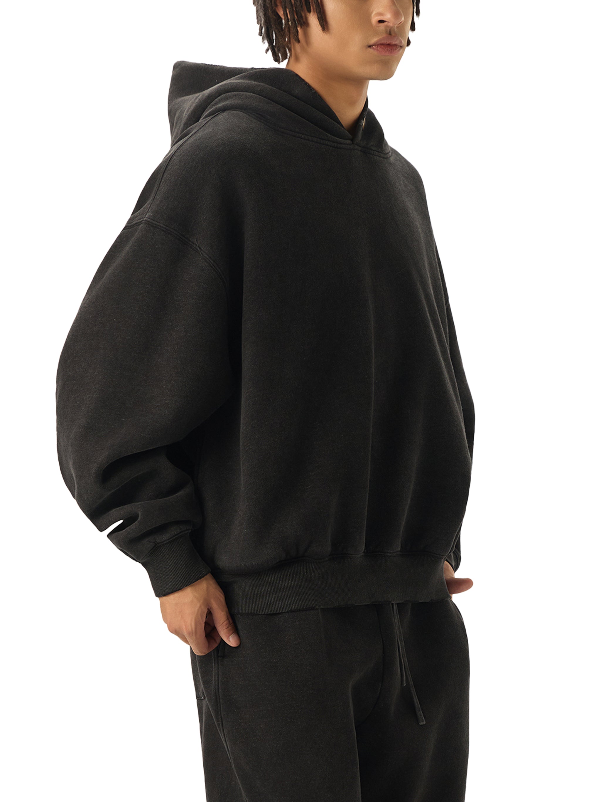 Frayed Enzyme Washed Button Fleece Hoodie