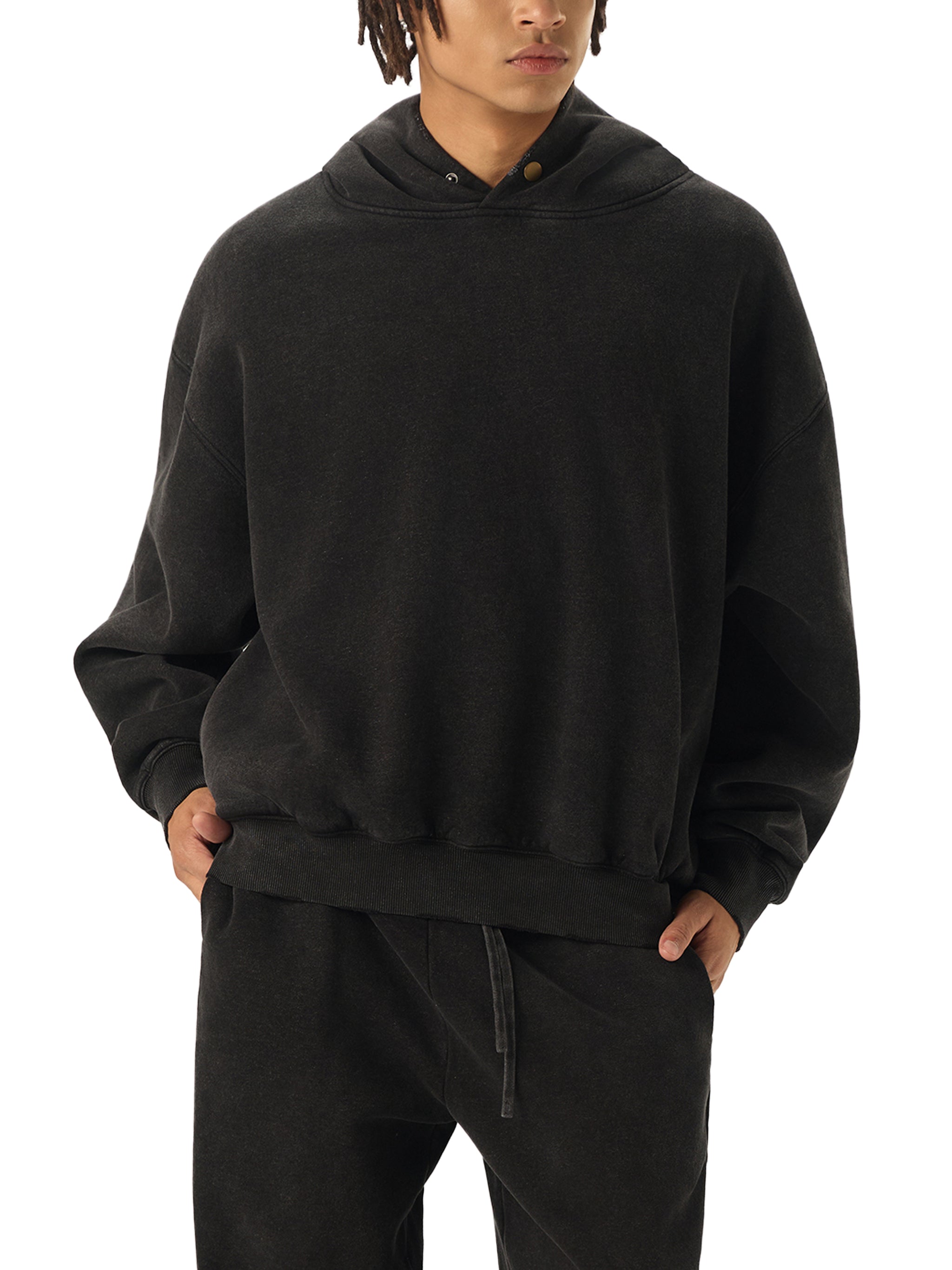 Frayed Enzyme Washed Button Fleece Hoodie