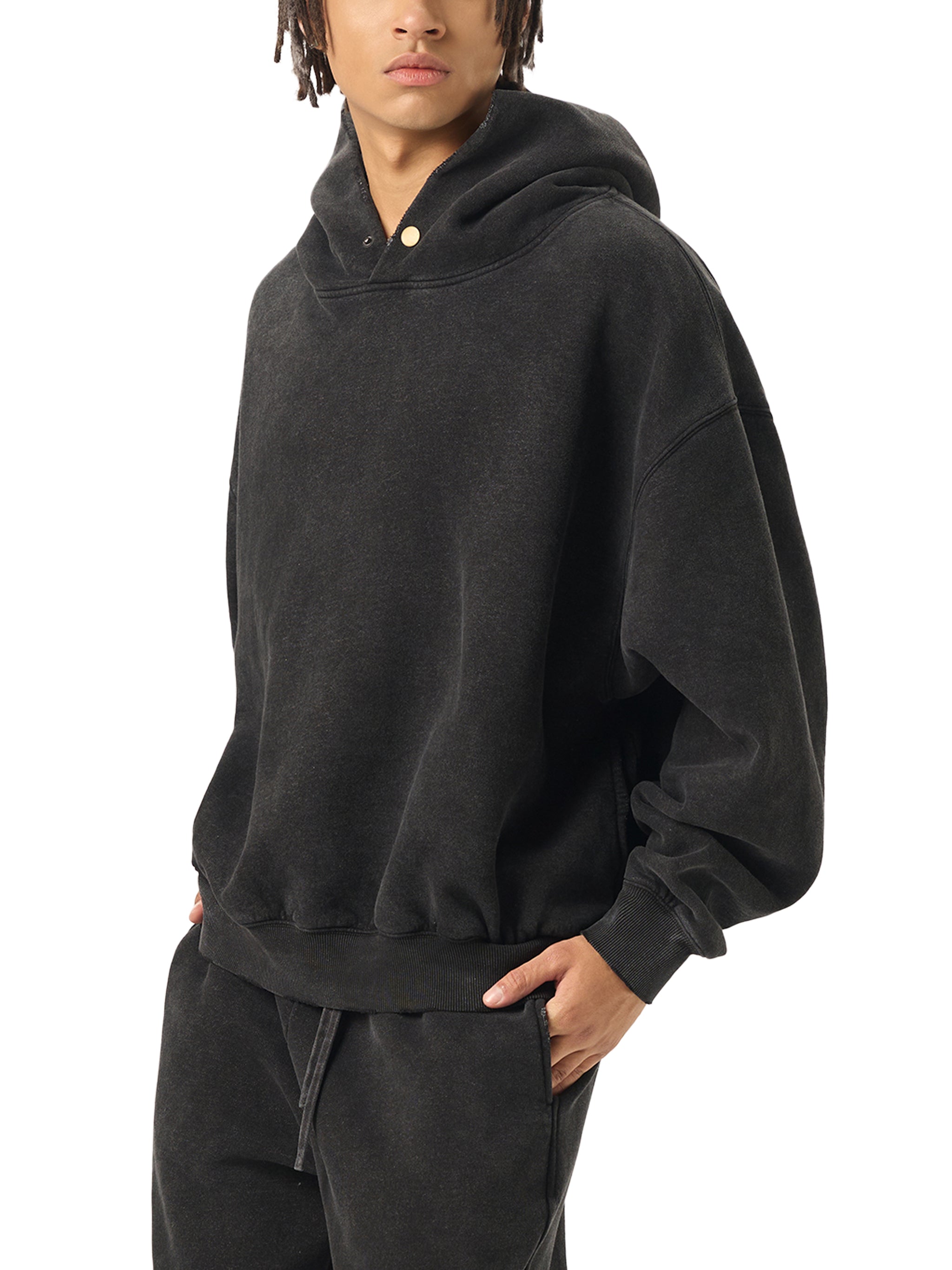 Frayed Enzyme Washed Button Fleece Hoodie