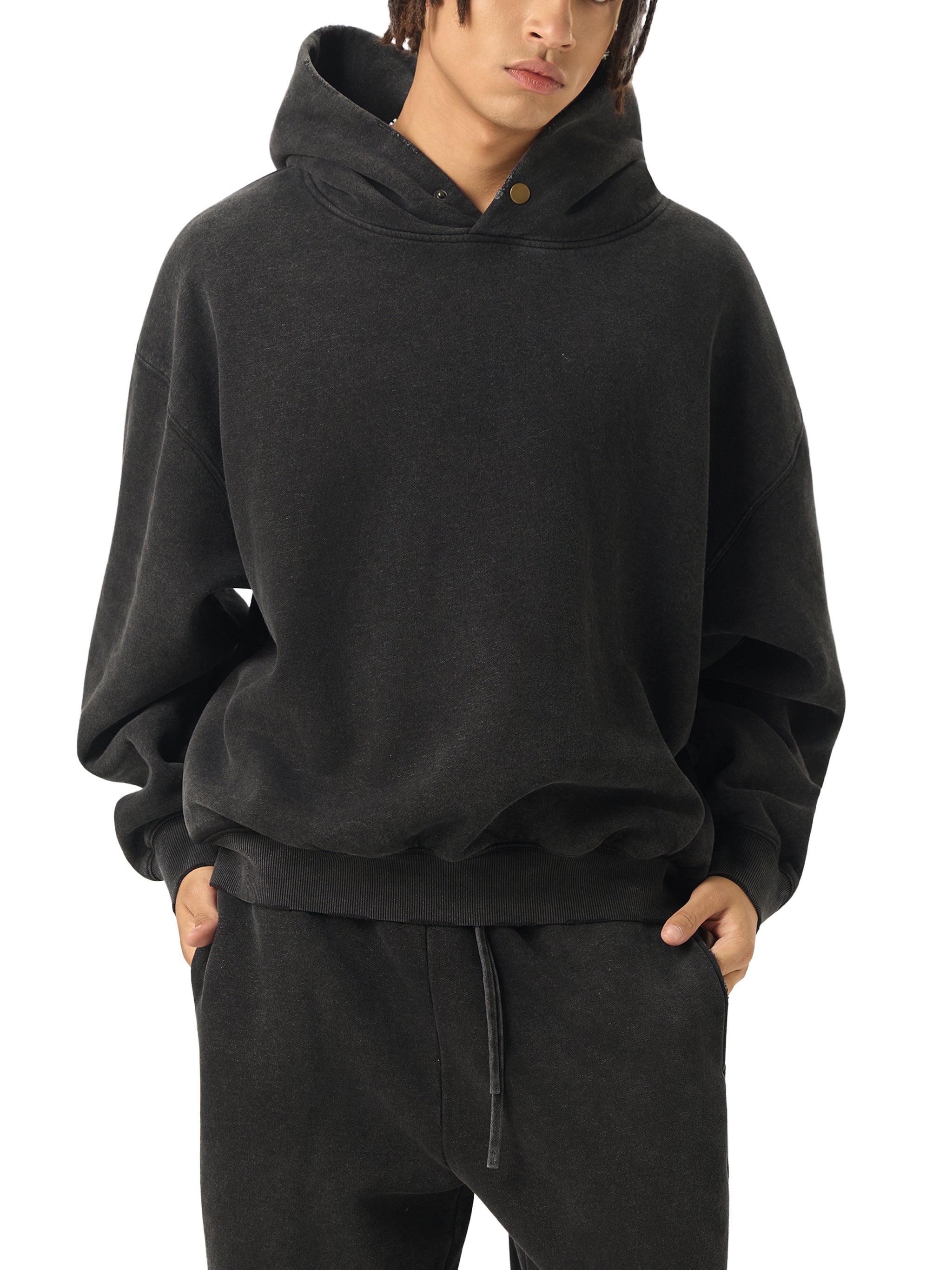 Frayed Enzyme Washed Button Fleece Hoodie
