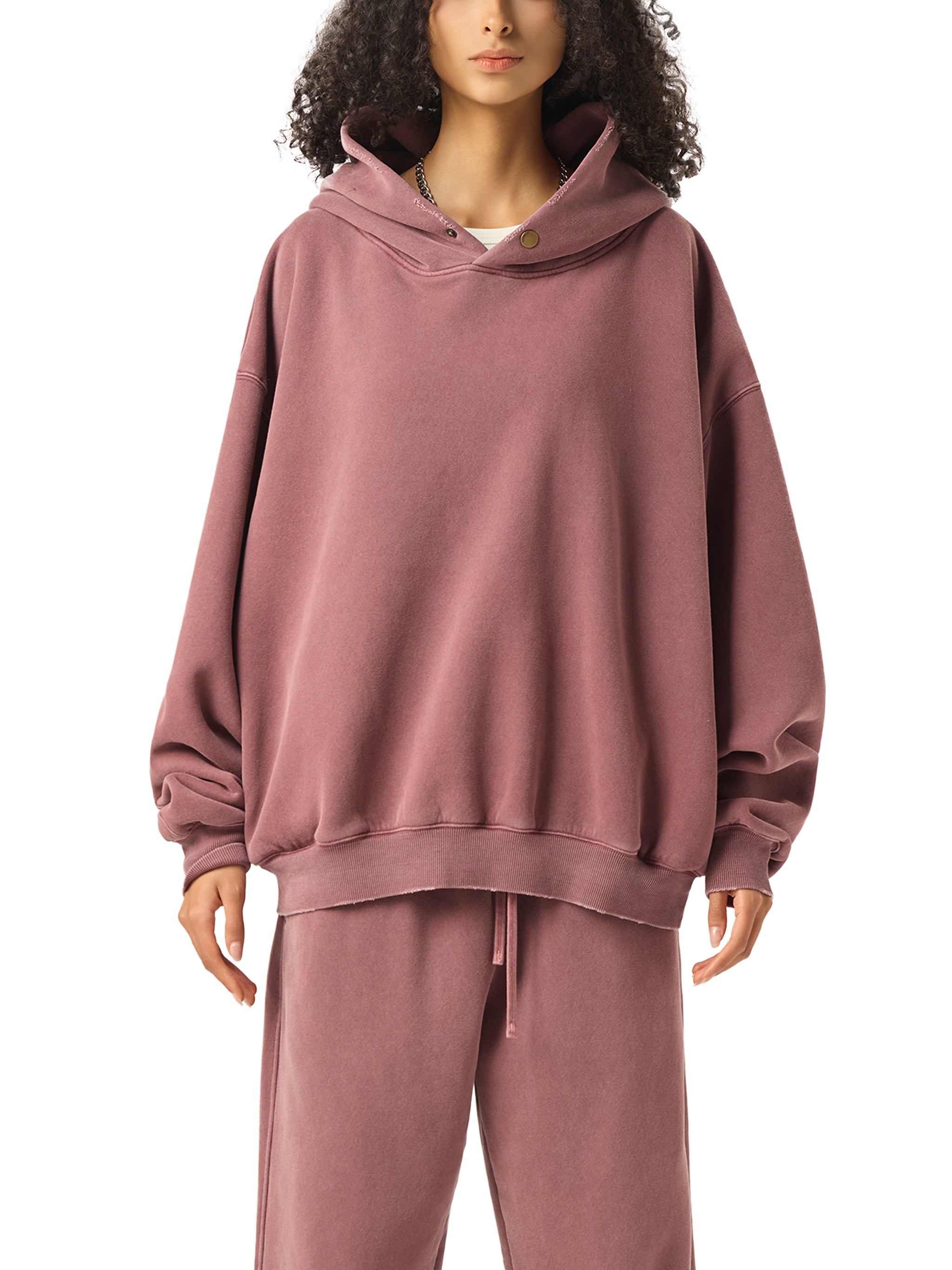 Frayed Enzyme Washed Button Fleece Hoodie