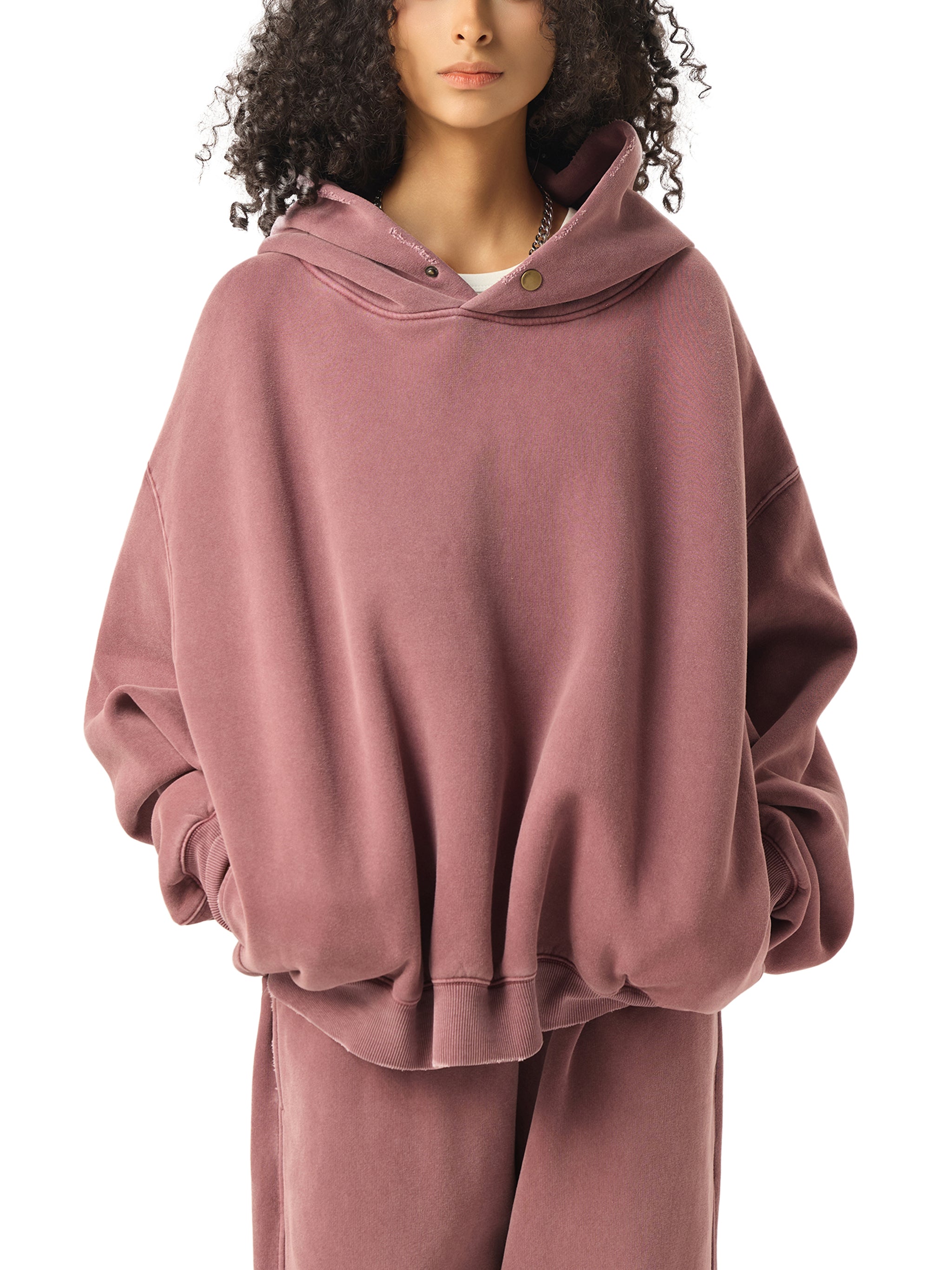 Frayed Enzyme Washed Button Fleece Hoodie